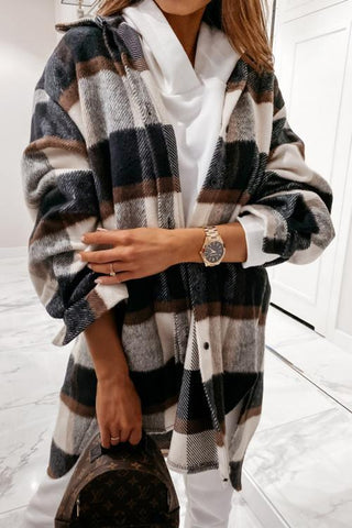 Plaid Lapel Hem Slit Loose Coat - girlyrose.com