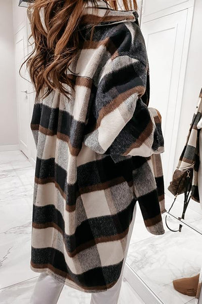 Plaid Lapel Hem Slit Loose Coat - girlyrose.com