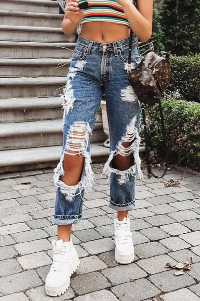 Crazy Hole High Waist Loose Jeans - girlyrose.com