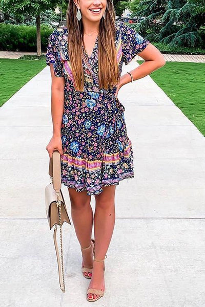 Floral Print Short Sleeve Mini Dress - girlyrose.com