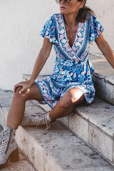 Floral Print Short Sleeve Mini Dress - girlyrose.com