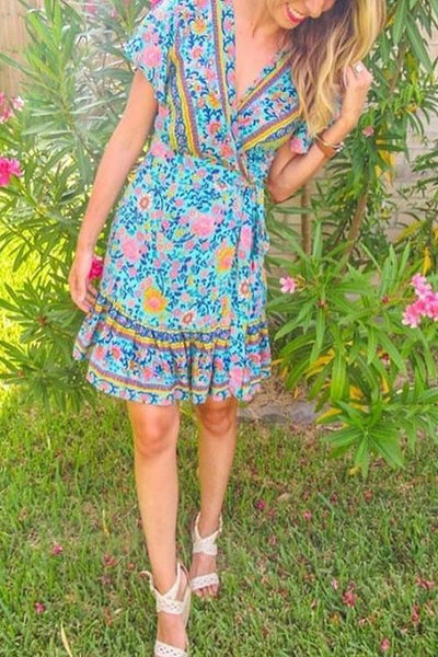 Floral Print Short Sleeve Mini Dress - girlyrose.com