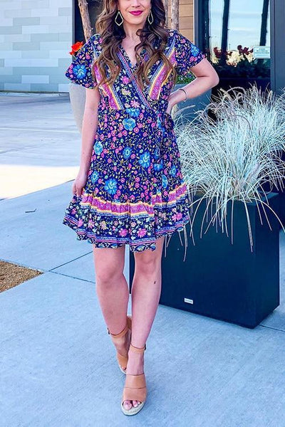 Floral Print Short Sleeve Mini Dress - girlyrose.com