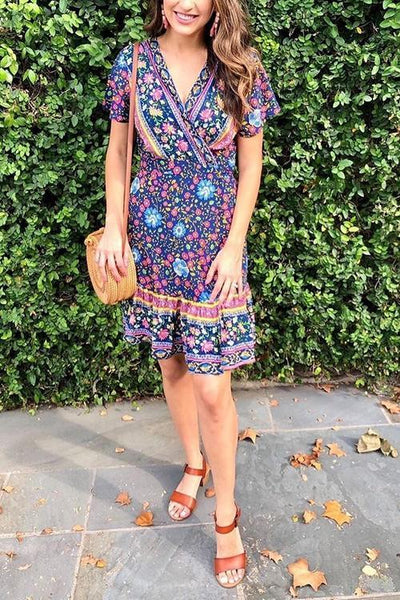 Floral Print Short Sleeve Mini Dress - girlyrose.com