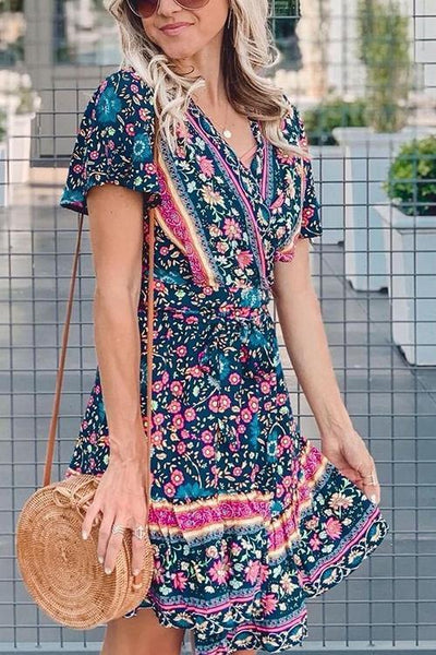 Floral Print Short Sleeve Mini Dress - girlyrose.com