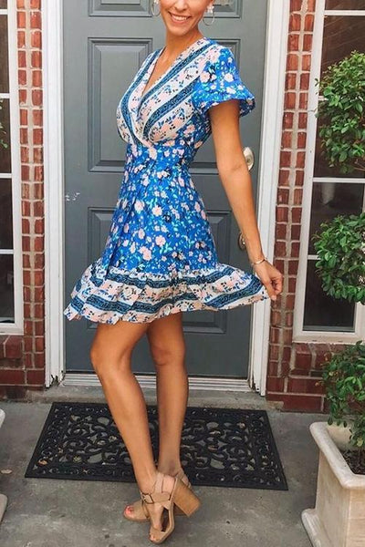 Floral Print Short Sleeve Mini Dress - girlyrose.com