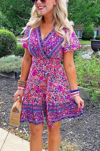 Floral Print Short Sleeve Mini Dress - girlyrose.com