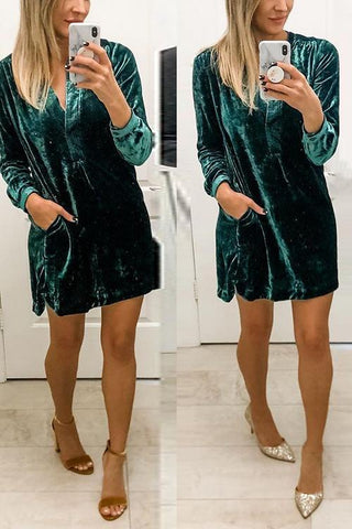 V Neck Pockets Velvet Shirt Dress - girlyrose.com