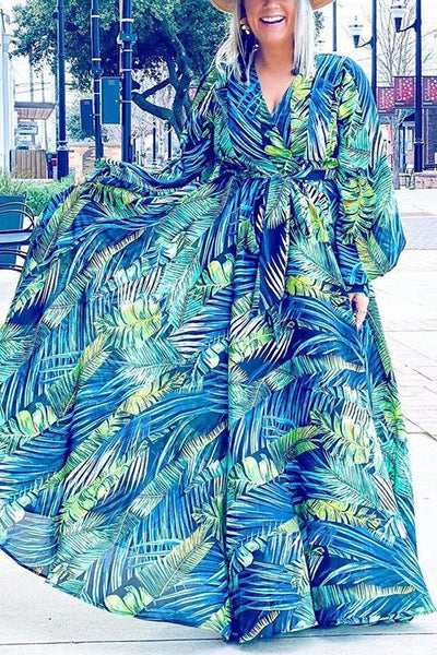 Leaf Print Belted Wrap Long Sleeve Maxi Dress - girlyrose.com