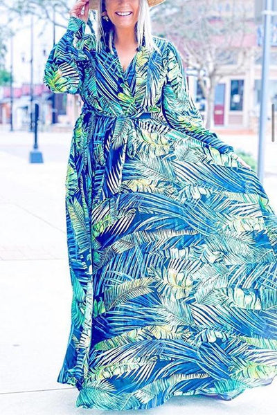 Leaf Print Belted Wrap Long Sleeve Maxi Dress - girlyrose.com