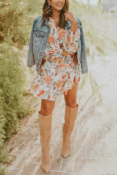 Floral Print Long Sleeve Mini Dress - girlyrose.com