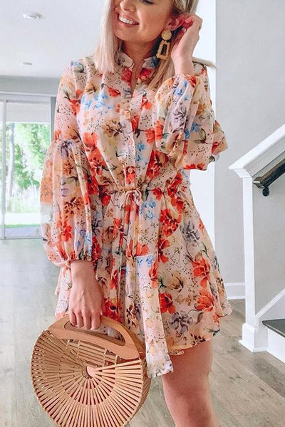 Floral Print Long Sleeve Mini Dress - girlyrose.com