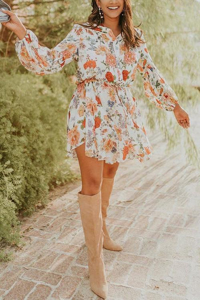 Floral Print Long Sleeve Mini Dress - girlyrose.com