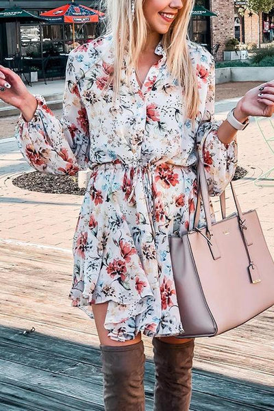 Floral Print Long Sleeve Mini Dress - girlyrose.com
