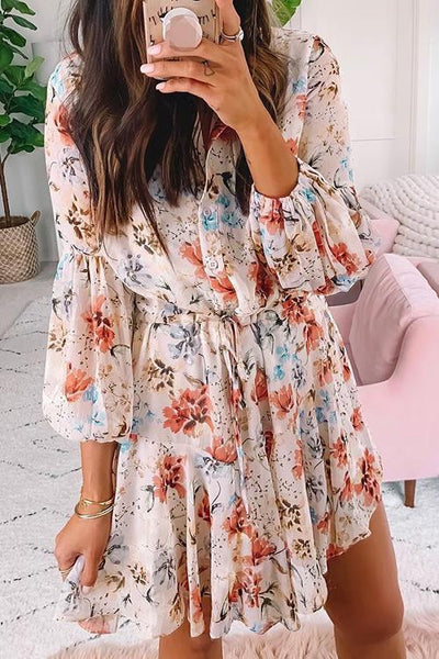 Floral Print Long Sleeve Mini Dress - girlyrose.com