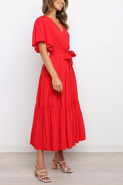 Solid Ruffles Belted Maxi Dress - girlyrose.com