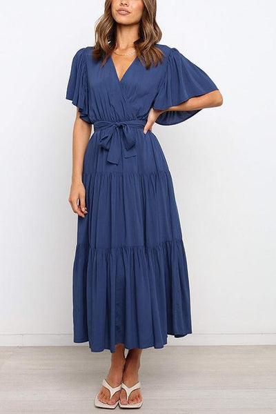 Solid Ruffles Belted Maxi Dress - girlyrose.com