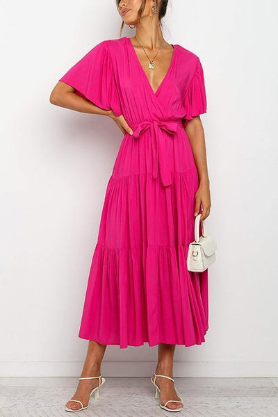 Solid Ruffles Belted Maxi Dress - girlyrose.com