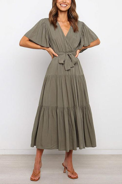 Solid Ruffles Belted Maxi Dress - girlyrose.com