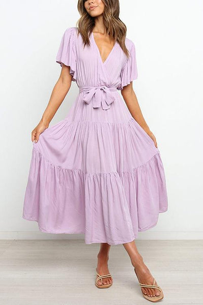 Solid Ruffles Belted Maxi Dress - girlyrose.com