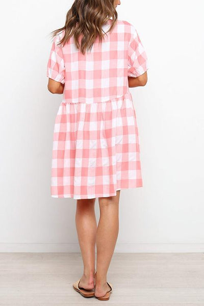 Plaid Pockets V Neck Mini Dress - girlyrose.com