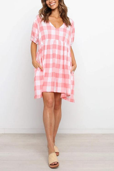 Plaid Pockets V Neck Mini Dress - girlyrose.com