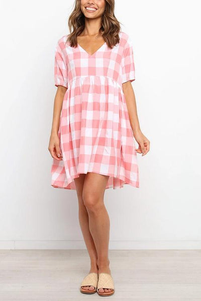 Plaid Pockets V Neck Mini Dress - girlyrose.com