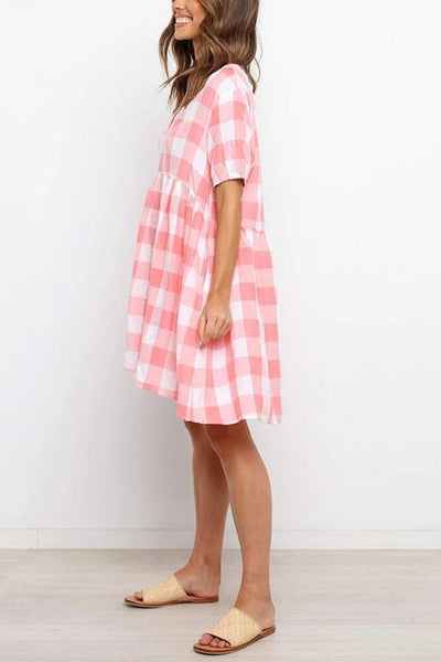 Plaid Pockets V Neck Mini Dress - girlyrose.com
