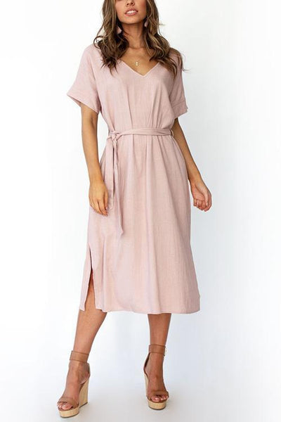 Pockets Side Slit Belted Dress - girlyrose.com