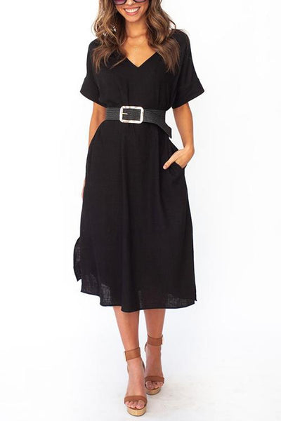 Pockets Side Slit Belted Dress - girlyrose.com