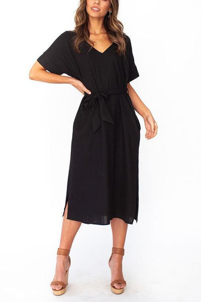 Pockets Side Slit Belted Dress - girlyrose.com