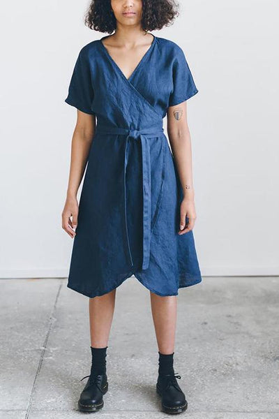 Linen Short Sleeve Wrap Dress - girlyrose.com