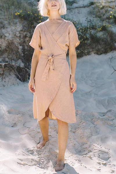 Linen Short Sleeve Wrap Dress - girlyrose.com