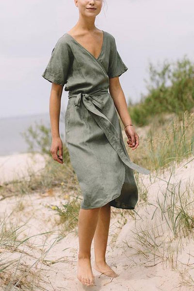 Linen Short Sleeve Wrap Dress - girlyrose.com