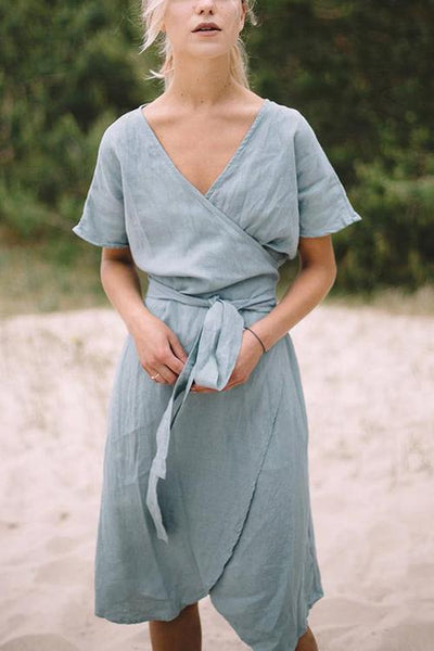 Linen Short Sleeve Wrap Dress - girlyrose.com