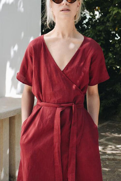 Linen Short Sleeve Wrap Dress - girlyrose.com