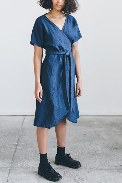 Linen Short Sleeve Wrap Dress - girlyrose.com