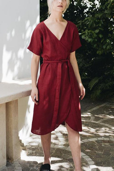Linen Short Sleeve Wrap Dress - girlyrose.com