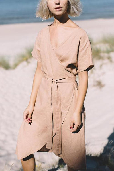 Linen Short Sleeve Wrap Dress - girlyrose.com