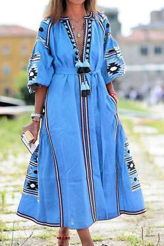 Ethnic Print Pom Pom Maxi Dress - girlyrose.com