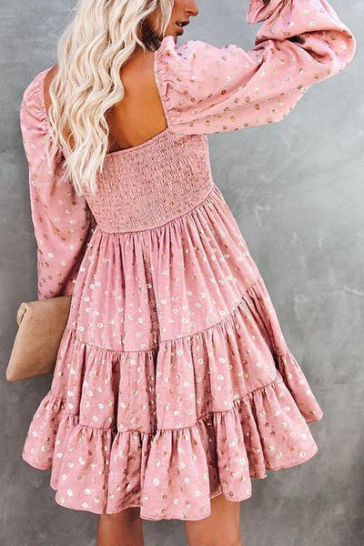 Hot Stamping Ruffles Elastic Puff Sleeve Mini Dress - girlyrose.com