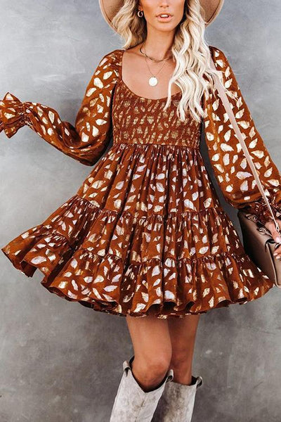 Hot Stamping Ruffles Elastic Puff Sleeve Mini Dress - girlyrose.com