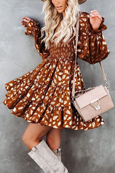 Hot Stamping Ruffles Elastic Puff Sleeve Mini Dress - girlyrose.com