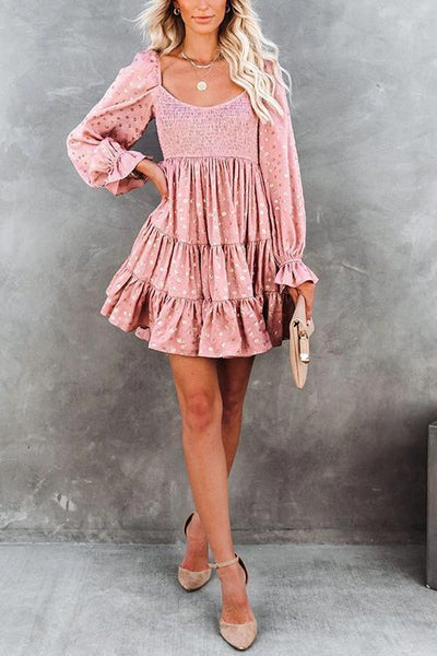 Hot Stamping Ruffles Elastic Puff Sleeve Mini Dress - girlyrose.com