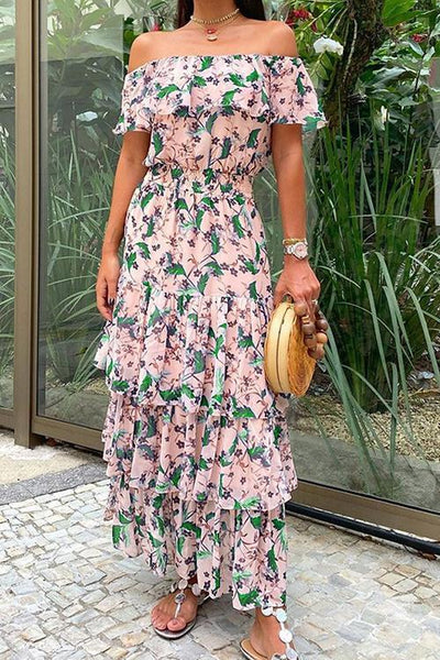 Off Shoulder Floral Layer Maxi Dress - girlyrose.com