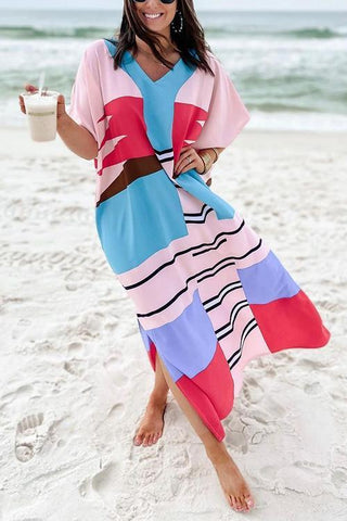 Color Block Bat Beach Maxi Dress - girlyrose.com