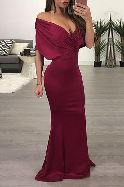 Deep V Neck Bat Mermaid Maxi Dress - girlyrose.com