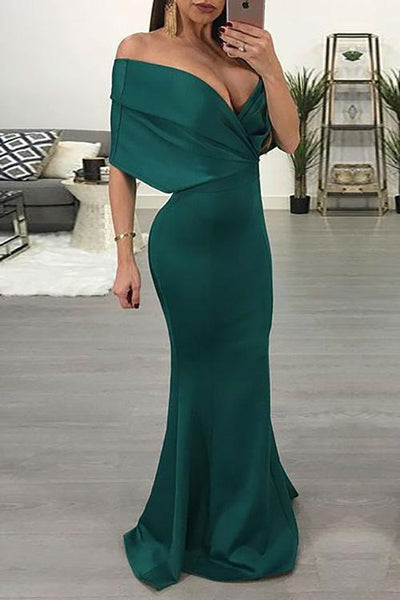 Deep V Neck Bat Mermaid Maxi Dress - girlyrose.com