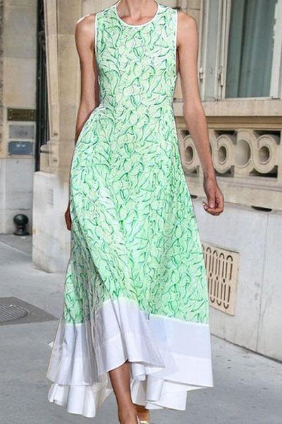 Leaf Print Sleeveless Maxi Dress