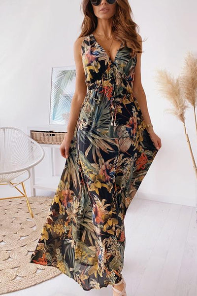 Leaf Print V Neck Sleeveless Maxi Dress